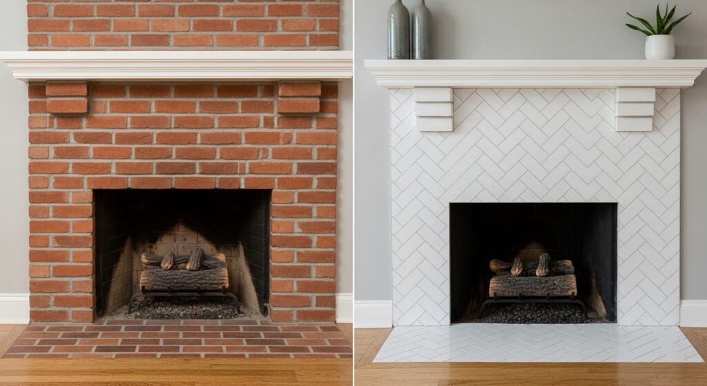Split-screen comparison of a fireplace before and after renovation, with dated orange brick on the left and modern white chevron-pattern subway tiles on the right, highlighting the dramatic transformation achieved with fireplace tile.