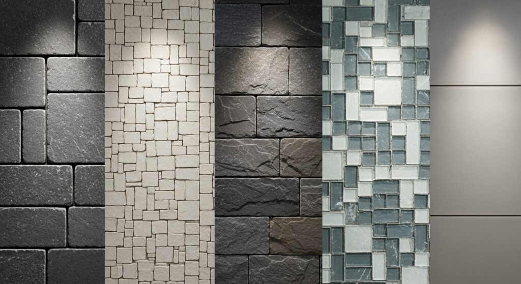 High-resolution close-up collage showcasing five distinct fireplace tile materials—porcelain, ceramic, natural stone, glass mosaic, and metal—each displayed in its own section with consistent lighting and scale. The tiles are arranged to emphasize texture, finish (matte, glossy, rough), and color tone, highlighting visual differences in material. Subtle lighting enhances depth and surface detail. No text or labels appear on the image, allowing for clean, comparison-friendly presentation focused on aesthetic and material qualities