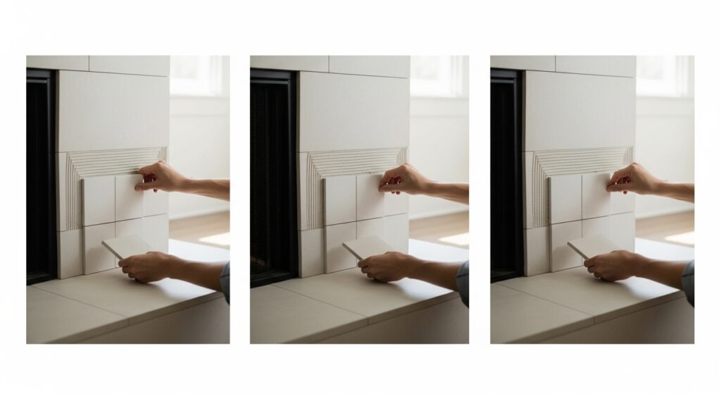 Step-by-step visual showing hands placing fireplace tiles in sequence, demonstrating clean, precise tile installation with each tile aligned evenly on the surface.