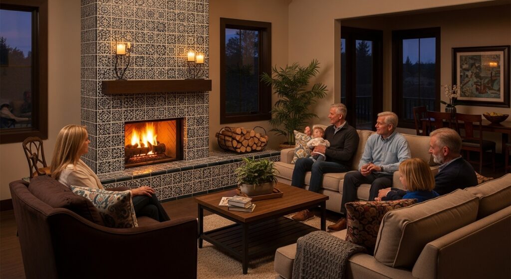 Cozy evening scene with a beautifully tiled fireplace glowing with warm flames, surrounded by comfortable seating and soft lighting, as family members relax and enjoy the inviting atmosphere together.